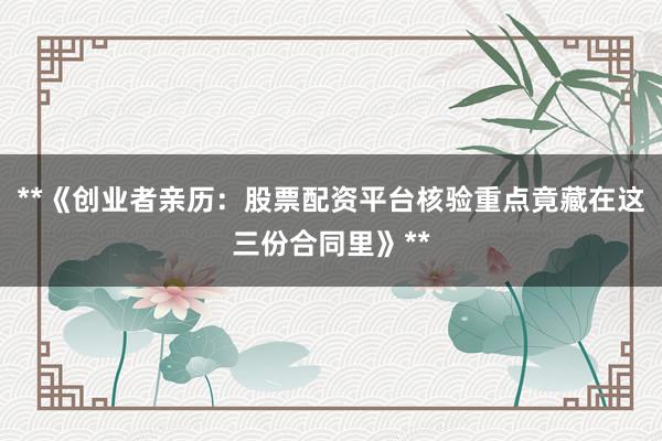 **《创业者亲历：股票配资平台核验重点竟藏在这三份合同里》**